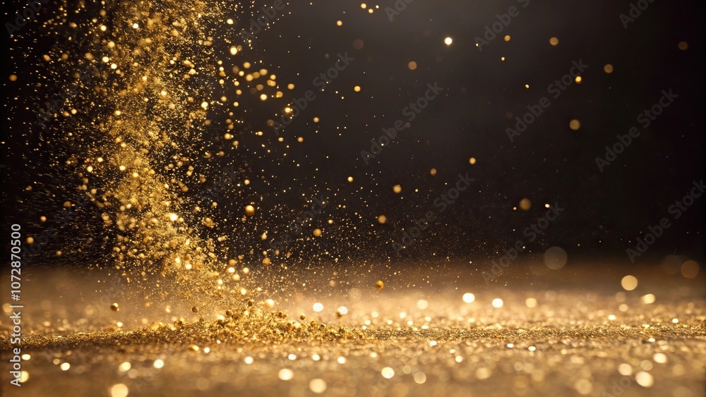 Gold dust particles floating in mid-air against a defocused glittery background creating a sense of movement and energy, particles, defocus, gold, movement, radiant light Gold dust particles floating in mid-air against a defocused glittery background creating a sense of movement and energy, particles, defocus, gold, movement, radiant light