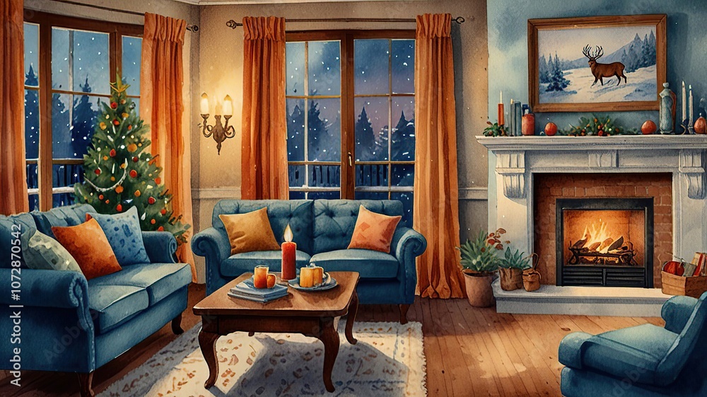Cozy Christmas Living Room with Snowy Landscape Cozy Christmas Living Room with Snowy Landscape