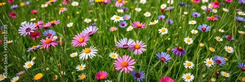 Lush spring meadow filled with vibrant cornflowers and daisies, blue sky, spring