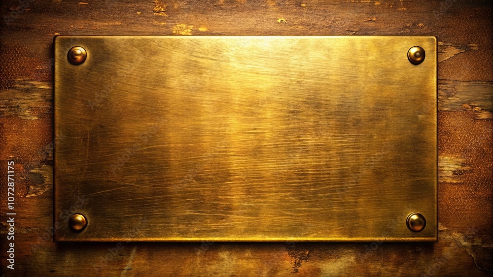 Fototapeta premium A Polished Brass Plate Adorned with Ornate Rivets, Mounted on Aged Wood with Distressed Texture