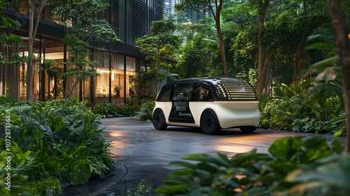 Futuristic Electric Car Parked in Green Urban Oasis