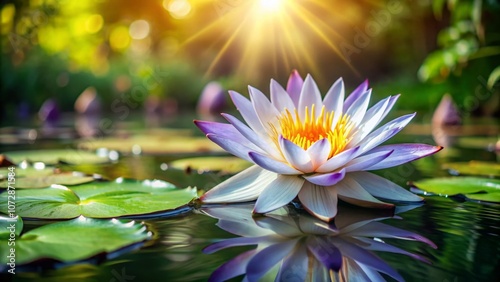Stunning Lotus White Purple Flower Blooming in a Serene Pond with Summer Background, Capturing the Essence of Nature's Beauty and Tranquility in Fashion Photography Style