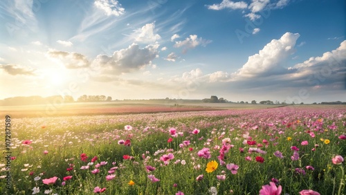 Soft focus of a vast flower field on a sunny spring day, sunny day, blooming flowers