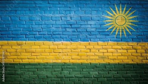 ルワンダの国旗がペイントされたレンガの壁。(Brick wall painted with the Rwanda flag.) 