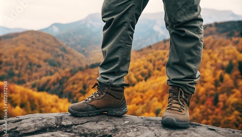 Close-up of a man wearing trekking shoes standing on the cliff with beautiful autumn mountains.AI GENERATED