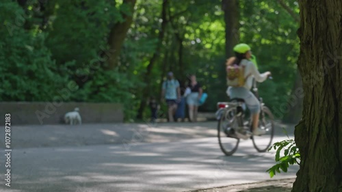 Cyclists enjoying a tranquil ride through a lush park on a sunny day