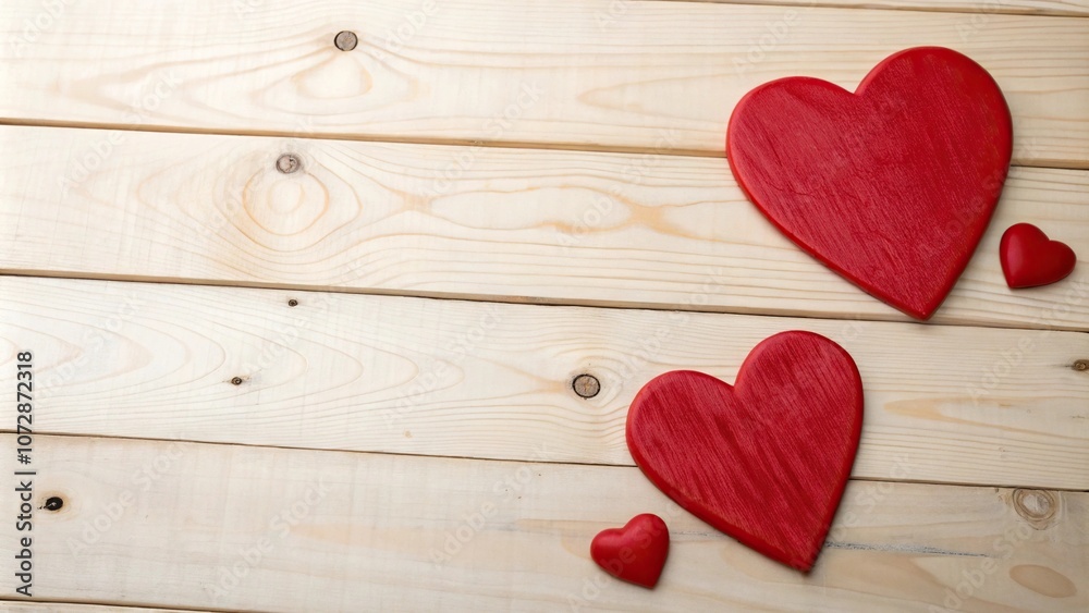 Two large red hearts on a wooden panel with a subtle wood grain, heart shape, heart design, decoration Two large red hearts on a wooden panel with a subtle wood grain, heart shape, heart design, decoration