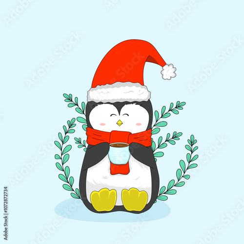 cute penguin illustration with christmas attributes drinking coffee