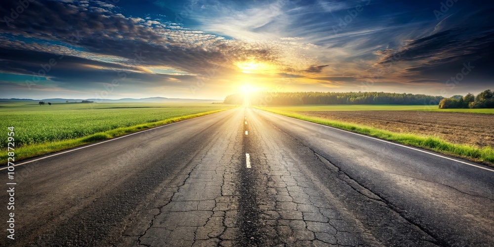 Naklejka premium A Long and Winding Road Leading to a Golden Sunset Over a Field of Green