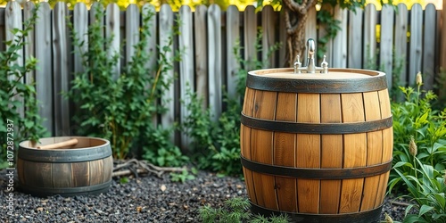 Wooden bath barrel in a rustic backyard setting surrounded by greenery and a wooden fence, tub, bath barrel, soak photo