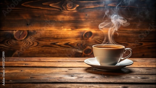 A steaming cup of coffee on a rustic wooden table, creating a comforting and cozy atmosphere