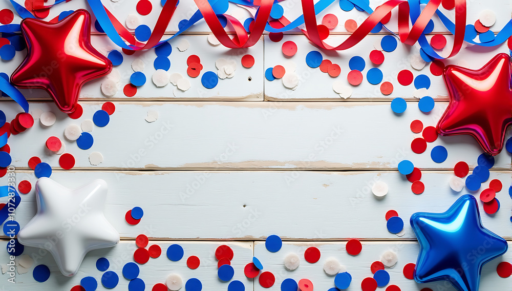 Obraz premium Red, white, and blue confetti and streamers scattered on a rustic wooden background, symbolizing a festive July celebration