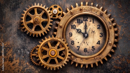 Vintage clock with gears on a rusty background.