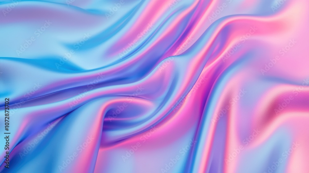 Obraz premium A close-up of soft, flowing fabric with a gradient of vibrant pink and blue colors, showcasing smooth textures and gentle folds.