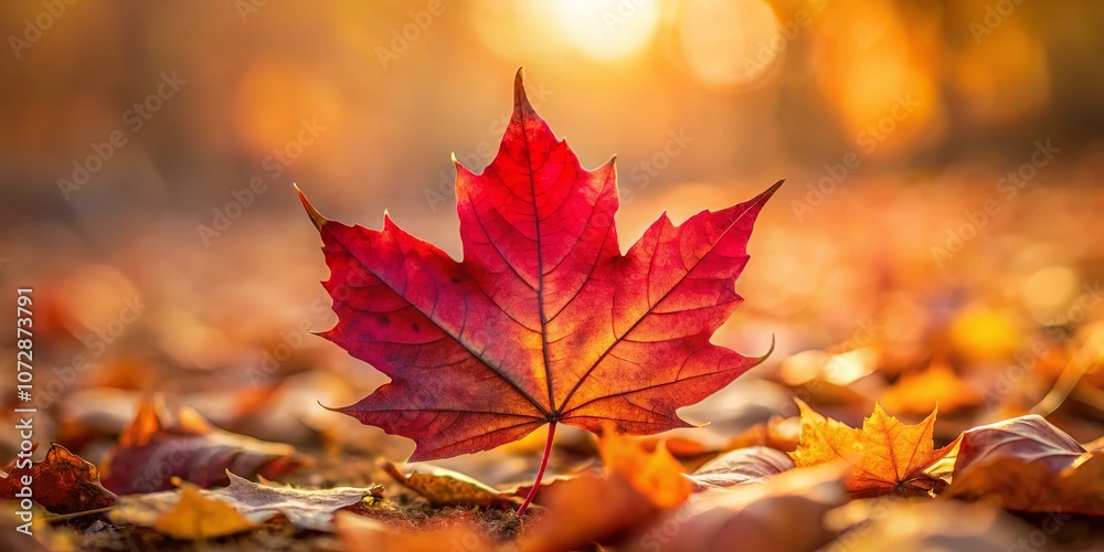 A solitary crimson leaf, bathed in warm golden sunlight, rests upon a bed of fallen foliage, its intricate veins illuminated by the autumn glow. A solitary crimson leaf, bathed in warm golden sunlight, rests upon a bed of fallen foliage, its intricate veins illuminated by the autumn glow.