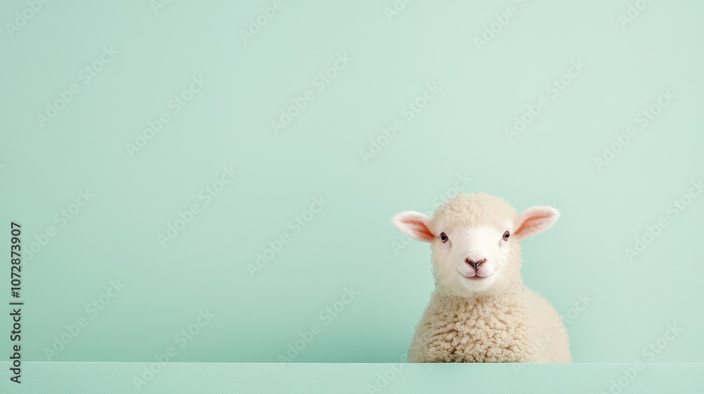 Fototapeta premium Fluffy sheep with gentle expression against mint green background, creating serene and playful atmosphere. This adorable animal captures attention effortlessly