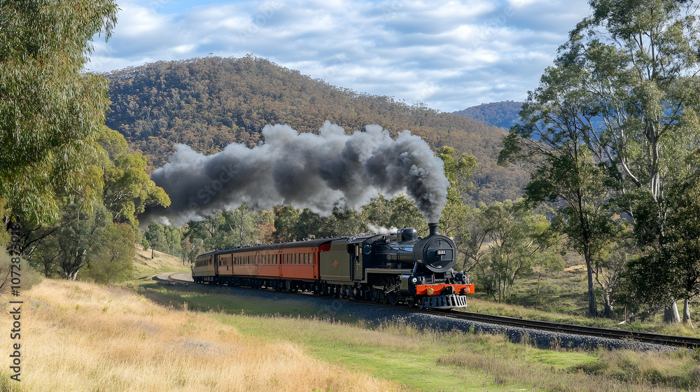 Obraz premium A steam locomotive pulls a train through a mountainous landscape. The train is surrounded by trees and hills. The locomotive is producing a large plume of smoke.