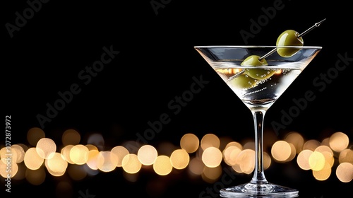 A stylish martini glass rests on a dark surface, garnished with olives, amidst a backdrop of soft, glowing lights.