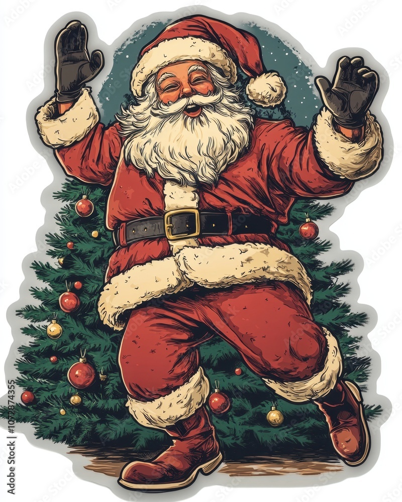 A sticker of Santa Claus moonwalking in front of a Christmas tree, isolated on white background A sticker of Santa Claus moonwalking in front of a Christmas tree, isolated on white background