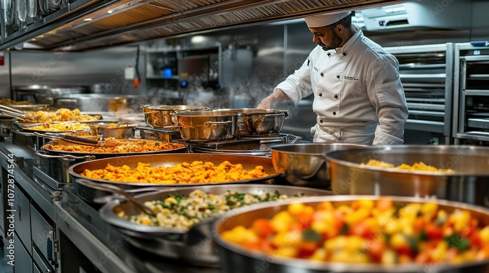A chef in an industrial kitchen preparing large quantities of food for distribution commercial-sized pots and pans high-tech kitchen equipment in the background A chef in an industrial kitchen preparing large quantities of food for distribution commercial-sized pots and pans high-tech kitchen equipment in the background
