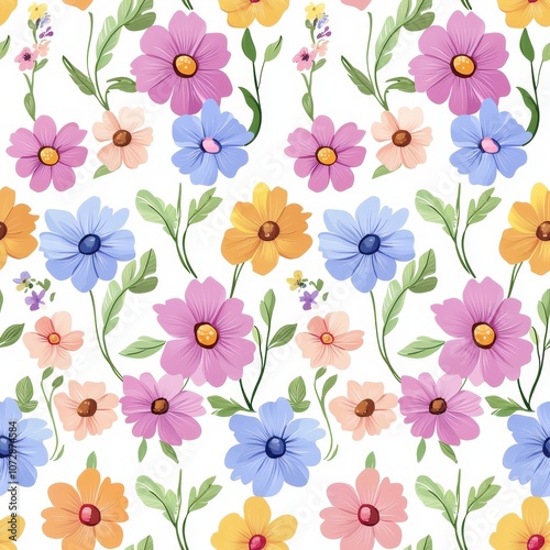 Colorful Floral Pattern with Diverse Flowers in Various Shapes and Sizes Suitable for Backgrounds, Textiles, and Elegant Designs Expressing Nature and Spring Vibes