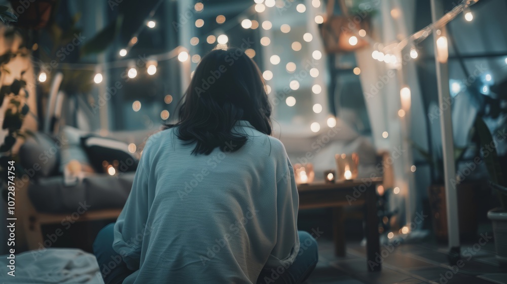 Woman sitting on the floor in a cozy room lit by string lights, looking at the twinkling lights. Woman sitting on the floor in a cozy room lit by string lights, looking at the twinkling lights.
