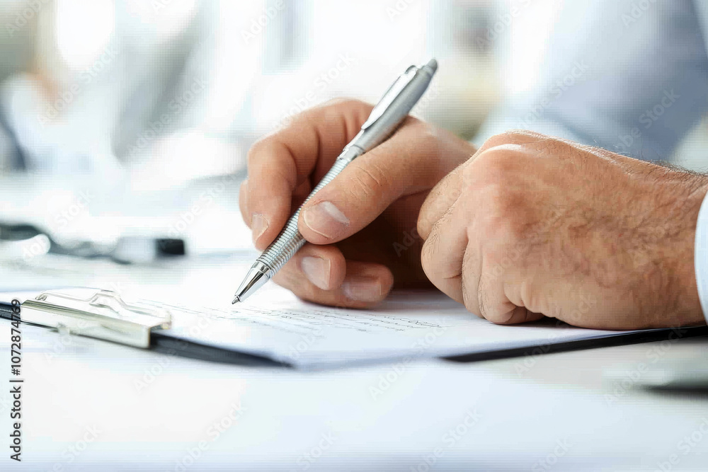 A person is writing on document with pen, showcasing focused and professional atmosphere. scene captures essence of productivity and attention to detail A person is writing on document with pen, showcasing focused and professional atmosphere. scene captures essence of productivity and attention to detail