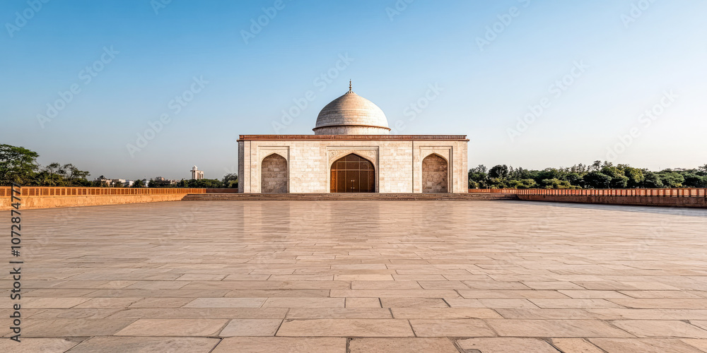 Fototapeta premium A serene morning view of the Taj Mahal, showcasing its iconic architecture and surrounding grounds