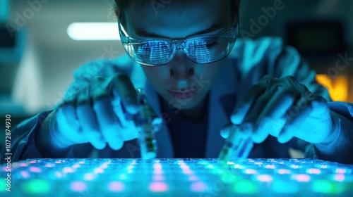 A focused scientist in a lab examines a colorful, illuminated surface with test tubes, highlighting innovation in research and technology.