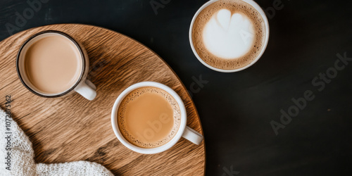 Three cups of coffee on a wooden tray with a cozy setting during morning time