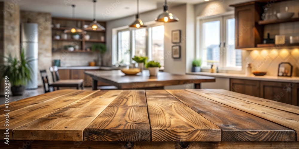 Rustic Wooden Tabletop in a Blurred Kitchen Setting with Natural Light and Warm Wood Tones Rustic Wooden Tabletop in a Blurred Kitchen Setting with Natural Light and Warm Wood Tones