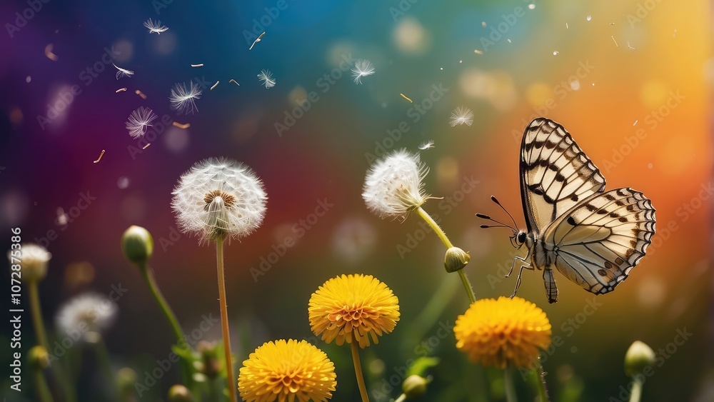 A lone butterfly flies by, while dandelion seeds float in the air against a bright and colorful background. A lone butterfly flies by, while dandelion seeds float in the air against a bright and colorful background.
