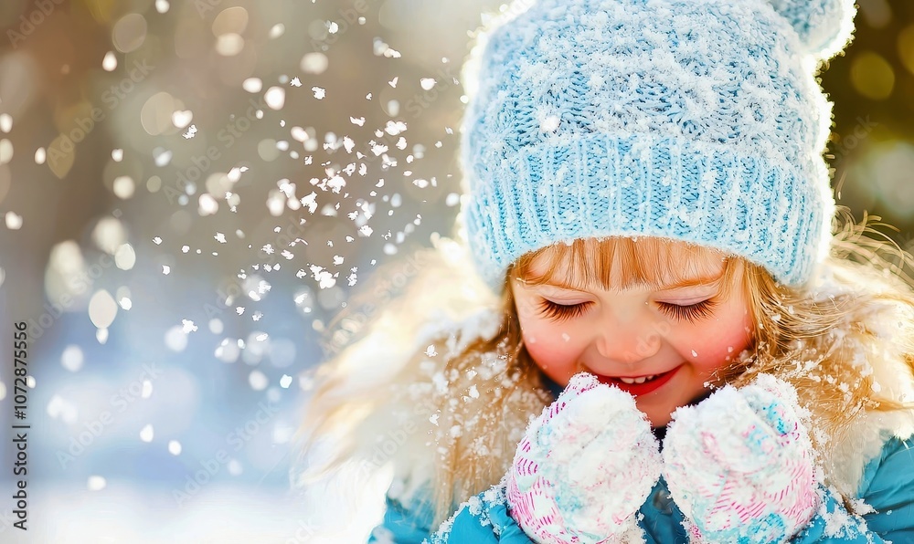 Portrait of a smiling young girl looking down at the snow with a peaceful expression on her face Portrait of a smiling young girl looking down at the snow with a peaceful expression on her face