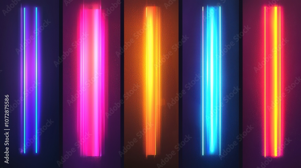 A vibrant display of neon-lit vertical lines in various colors, creating a modern and energetic atmosphere. A vibrant display of neon-lit vertical lines in various colors, creating a modern and energetic atmosphere.