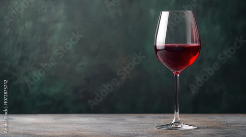 A elegant glass of red wine sitting on a wooden surface, with a softly blurred green background.