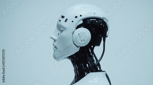 A futuristic robot head showcasing advanced technology and design, featuring sleek white exterior and intricate internal components. This image captures essence of innovation and artificial intelligen photo