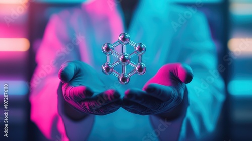 A scientist in a lab coat holds a 3D molecular structure, surrounded by vibrant blue and purple lighting, symbolizing advanced scientific research and innovation.