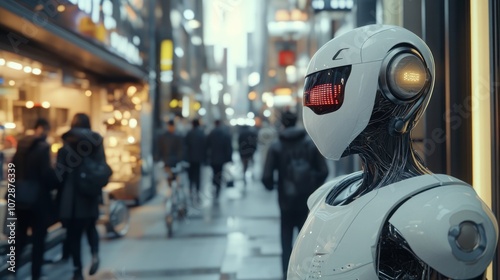 A humanoid robot stands in a bustling city street, surrounded by pedestrians.