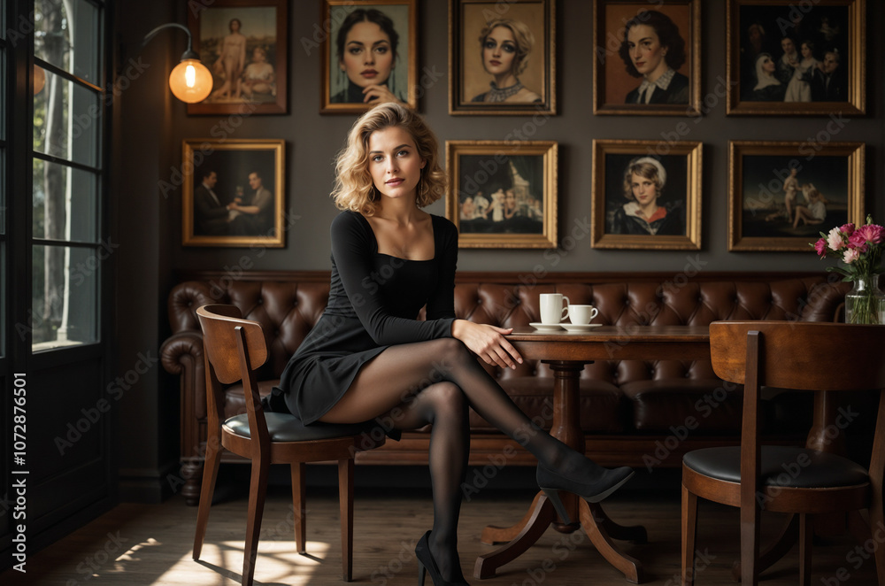 Elegant Young Woman Posing in Cozy Café with Art Gallery Wall