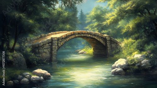 A stone bridge over a river flowing through a lush forest.