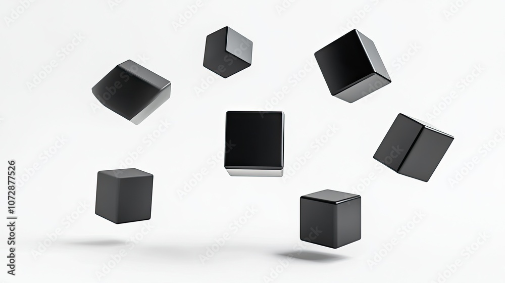 Abstract floating black cubes and platform on a white background, minimalist design concept Abstract floating black cubes and platform on a white background, minimalist design concept