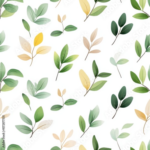 Elegant Pattern of Hand-Drawn Green Leaves and Delicate Foliage on White Background for Nature-Inspired Designs, Textiles, and Home Decor Projects