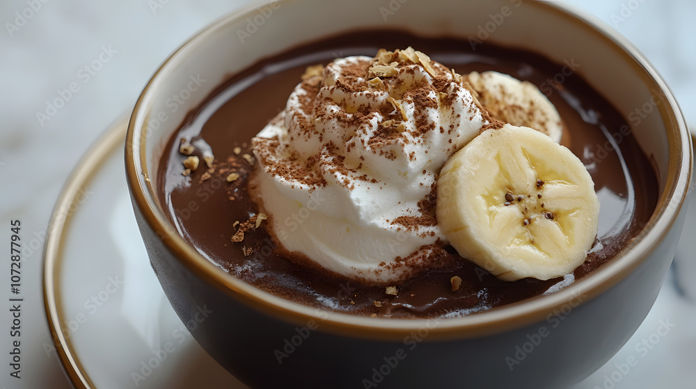 Hot chocolate with caramelized banana and whipped cream. Hot chocolate with caramelized banana and whipped cream.