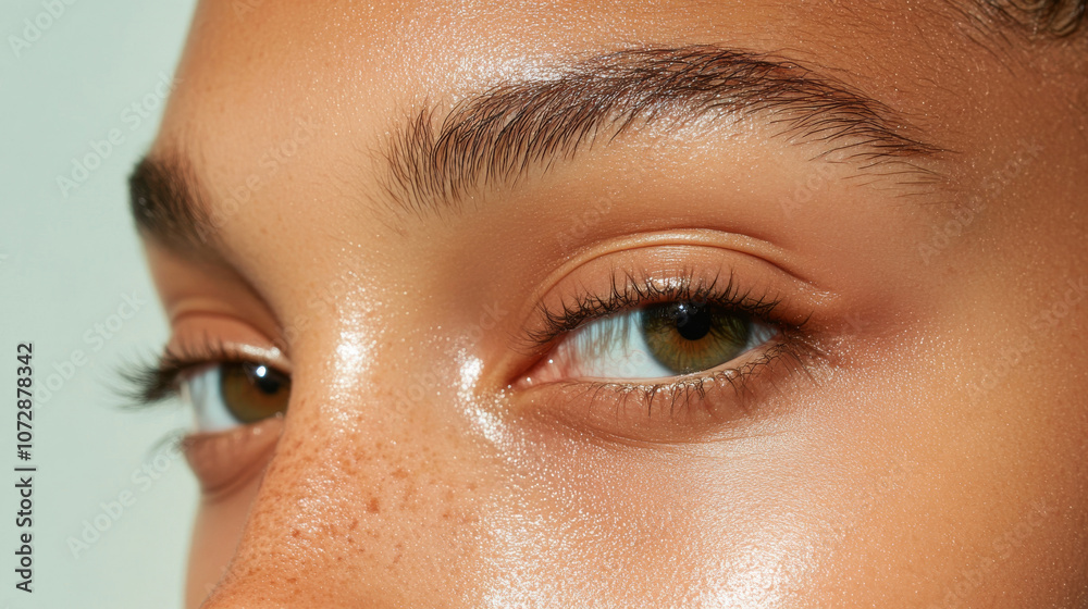 Obraz premium A close up of persons eyes showcasing natural beauty, with focus on skin texture and eye color. image captures serene and captivating expression