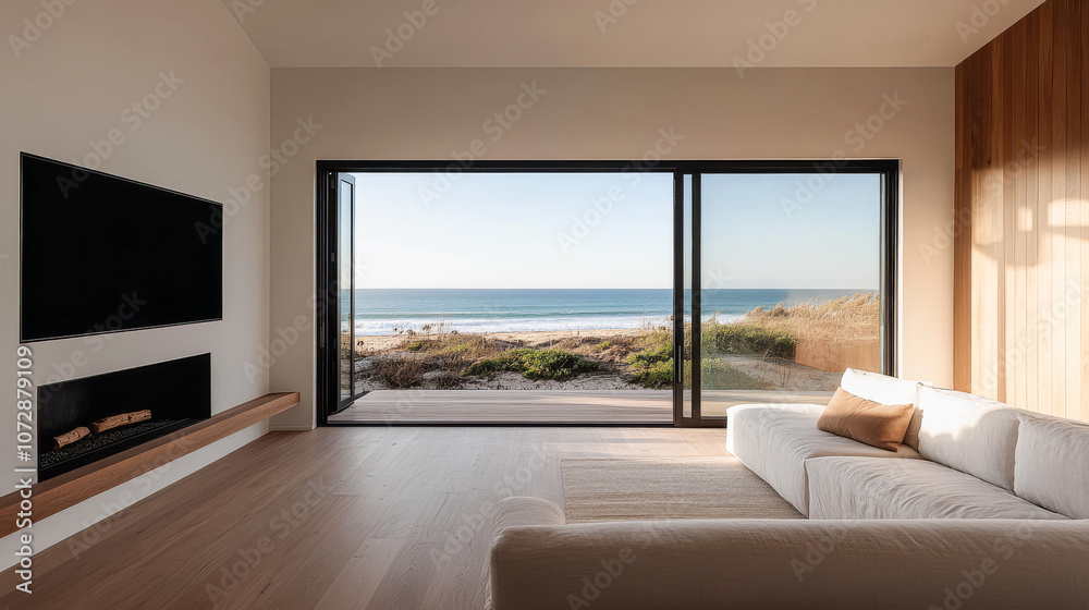 Modern living room with ocean view during sunny day by the seaside Modern living room with ocean view during sunny day by the seaside