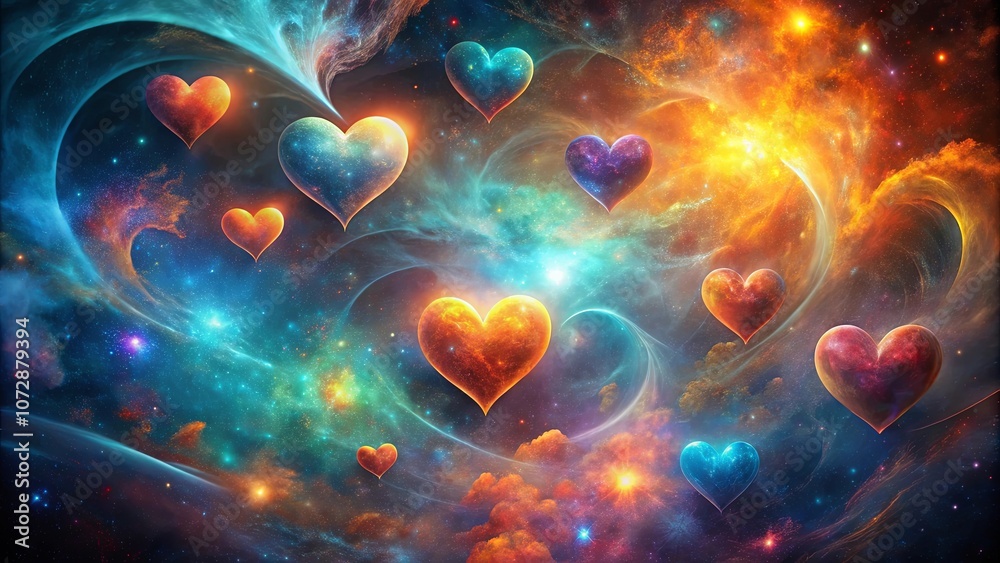 Cosmic Heart Nebula An ethereal dance of celestial love amidst swirling nebulae, where hearts of color shine bright against the cosmic backdrop.