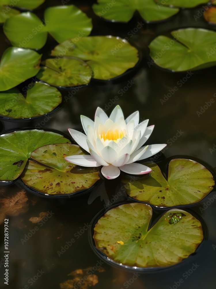 Nenuphar water lily flower floating gracefully in tranquil water with lush green lily pads, water, lily pad Nenuphar water lily flower floating gracefully in tranquil water with lush green lily pads, water, lily pad