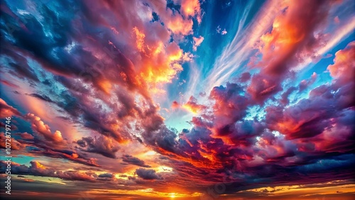 A fiery sunset paints the sky with swirling, vibrant hues, casting an ethereal glow upon the landscape.