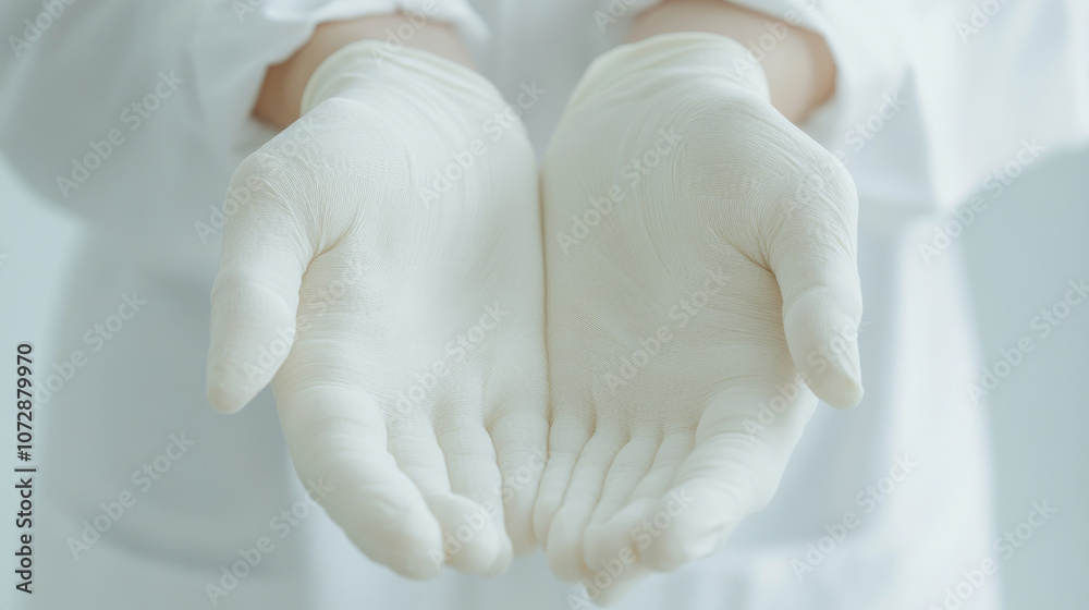 Fototapeta premium Gentle hands wearing white gloves are presented, symbolizing care and cleanliness in clinical or professional setting. image conveys sense of readiness and attention to hygiene
