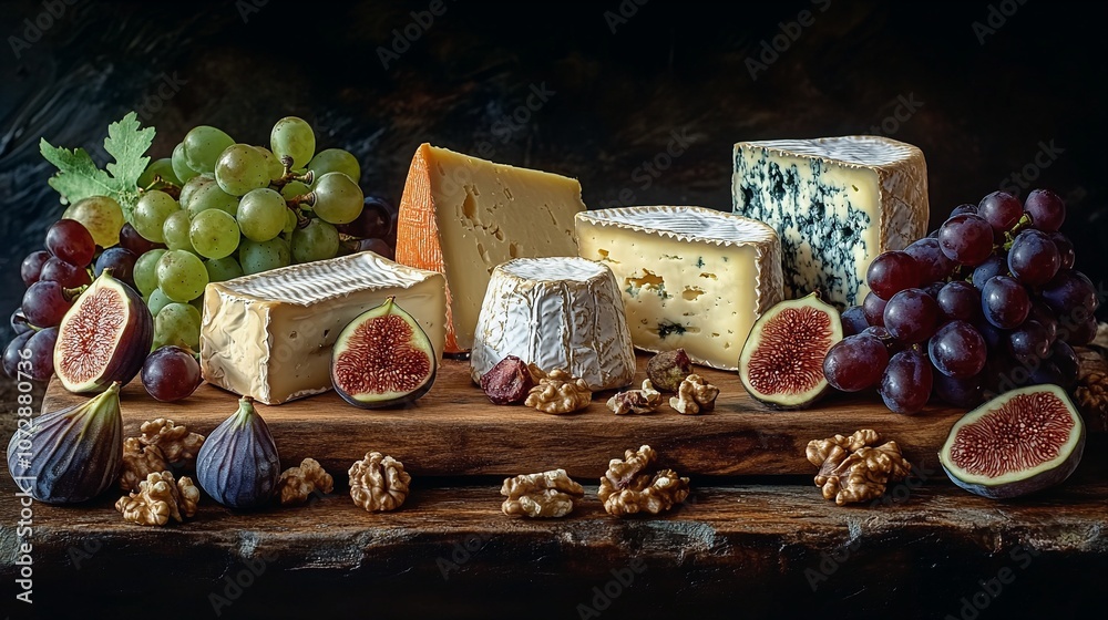 Assorted Cheese Platter with Grapes, Figs, and Walnuts on Wooden Board Assorted Cheese Platter with Grapes, Figs, and Walnuts on Wooden Board